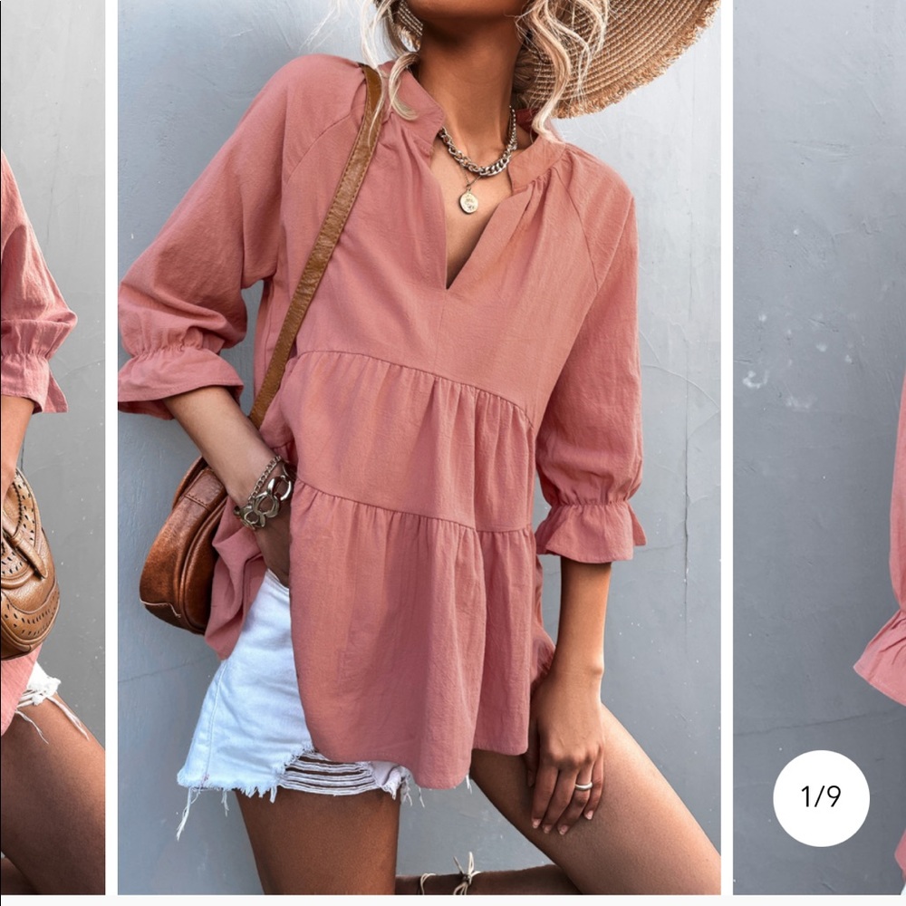 V Neck 3/4 Sleeve Babydoll Top